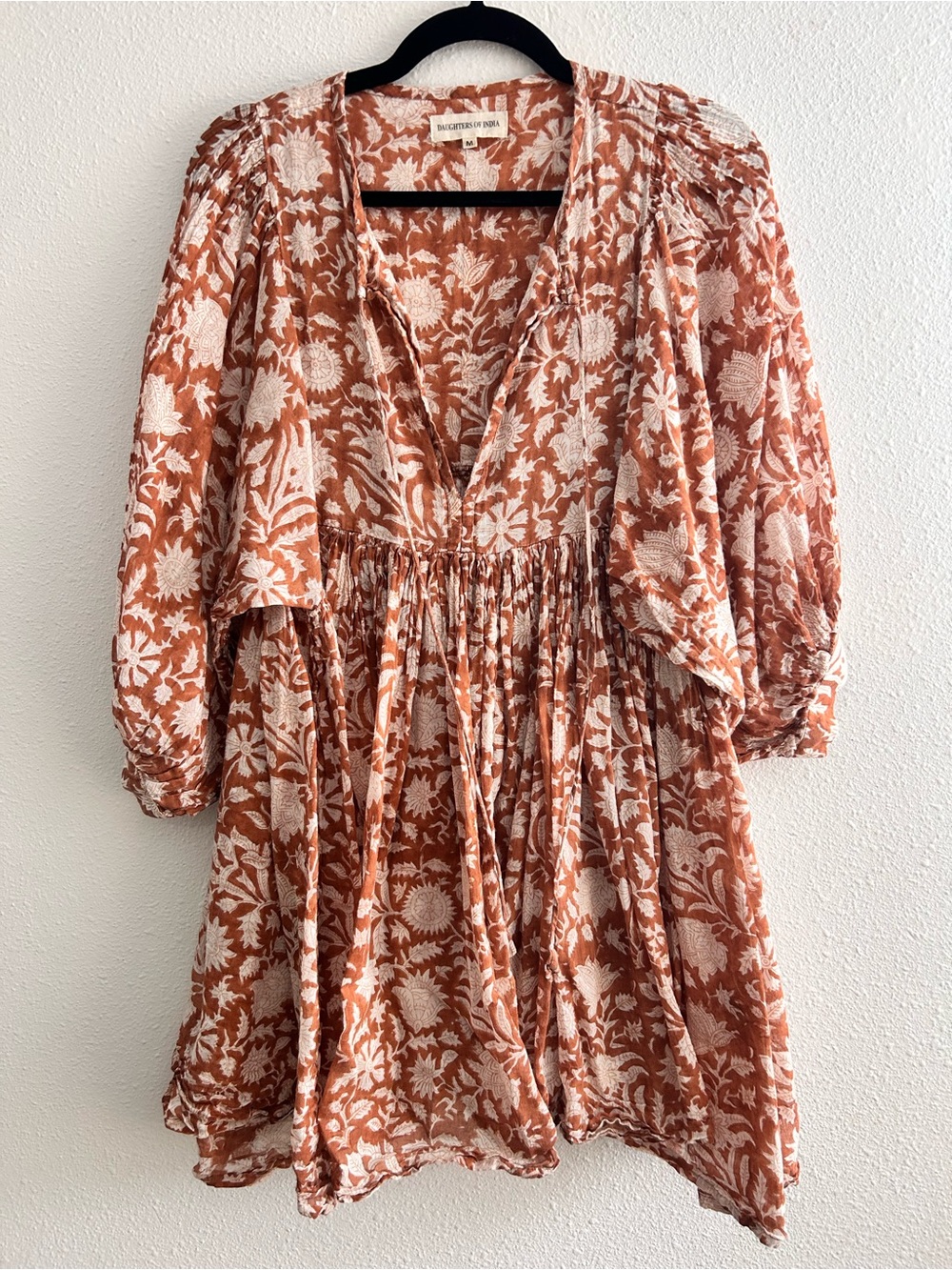 Daughters of India Rust & Cream Floral Smocked Waist Mini Dress